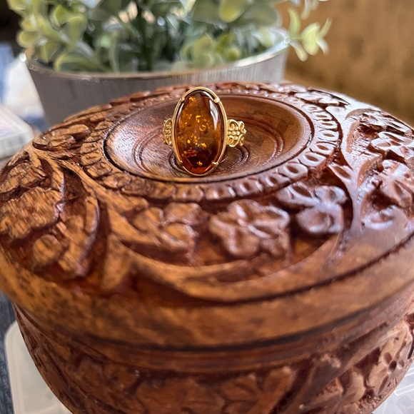 19X11MM OVAL AMBER 18K YELLOW GOLD OVER STERLING SILVER RING - Picture 2 of 12